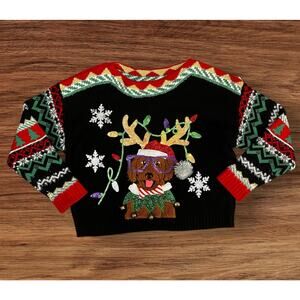 33 Degrees Christmas Sweater Women Med Black Red Dog Graphic Ugly Sweater Jingle